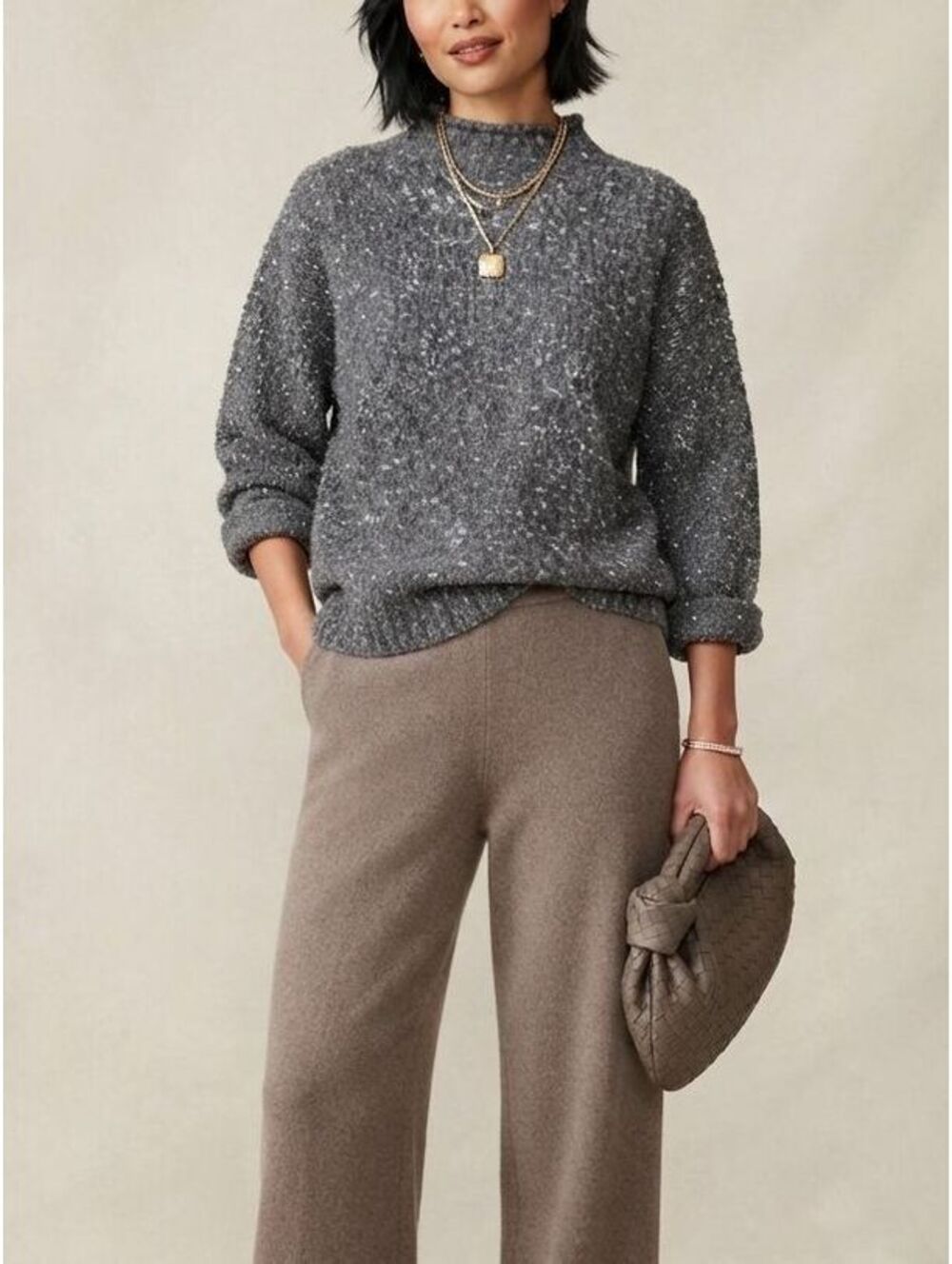 VTG Italian Wool Silk Roll Neck Sweater Chunky Speckled Knit Oversized Womens L - Picture 1 of 7